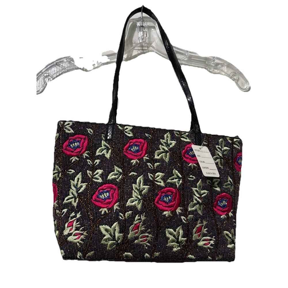 New Coast Handbags Beaded Tote Purse Y2K Textured Roses Vines Artsy Colorful